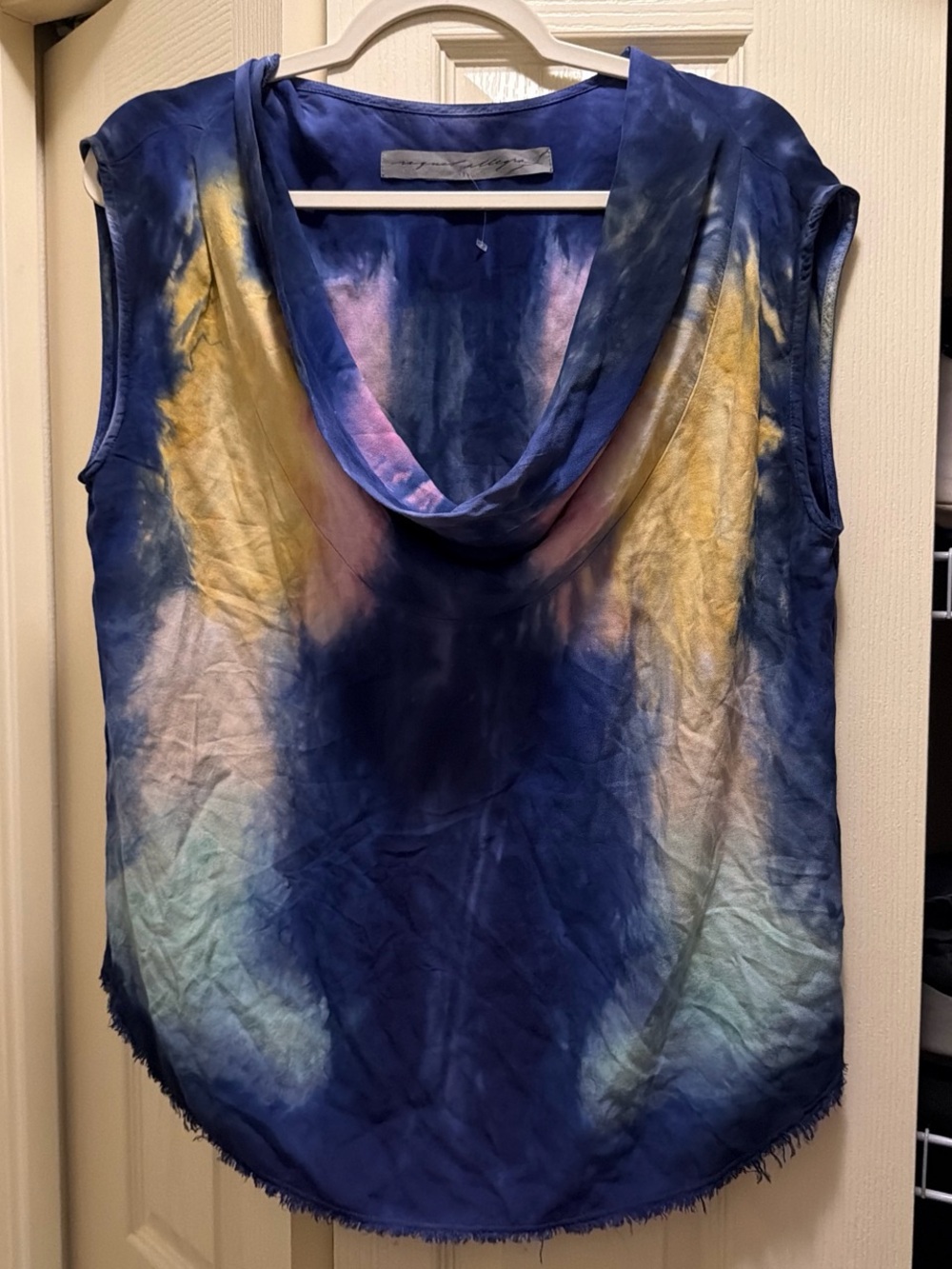 Raquel Allegra Navy Multi Tie-Dye Cowl Neck Sleeveless Top
